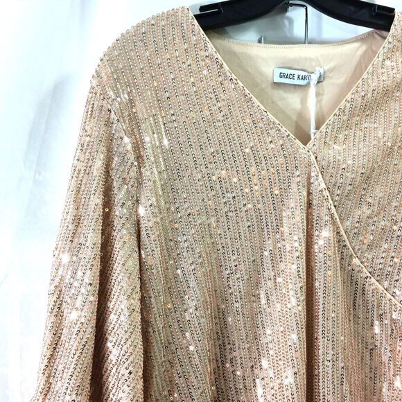 NEW Grace Karin Champagne Sequin Top NWT Size 2XL V-Neck Lined Party Blouse - Picture 6 of 6